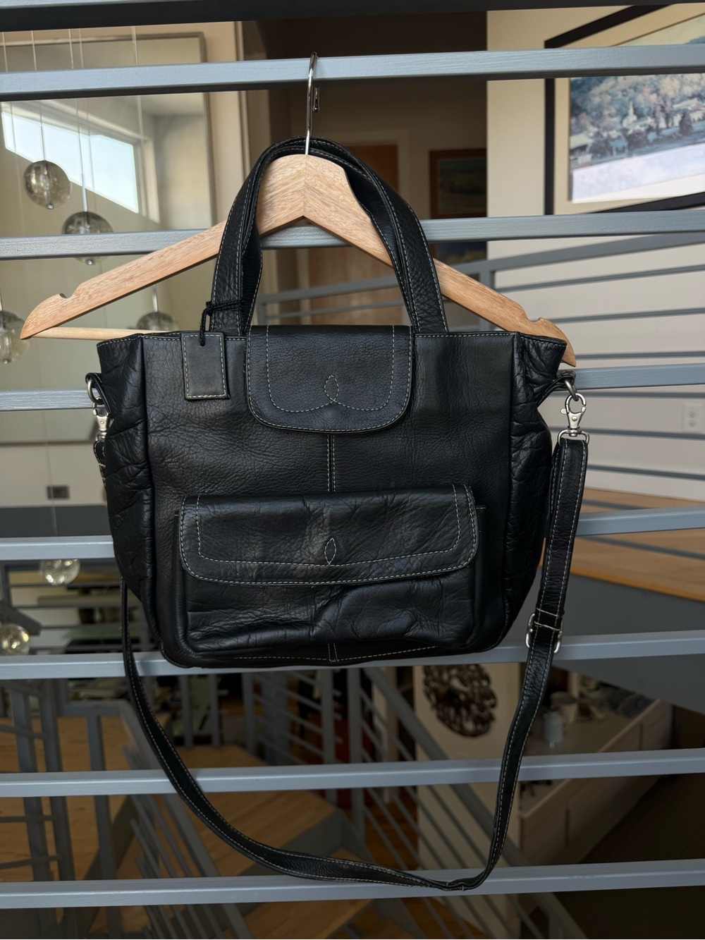 Latico Classic Black Leather Tote with Detachable Strap